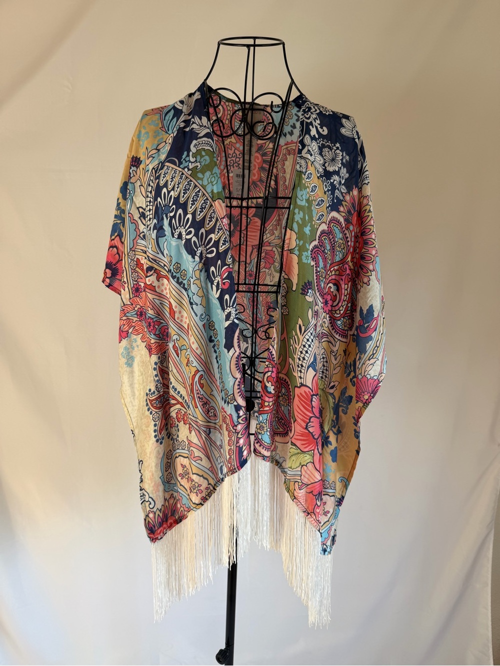 Chico's Paisley Fringe Kimono in Blue, Pink, Green & Yellow